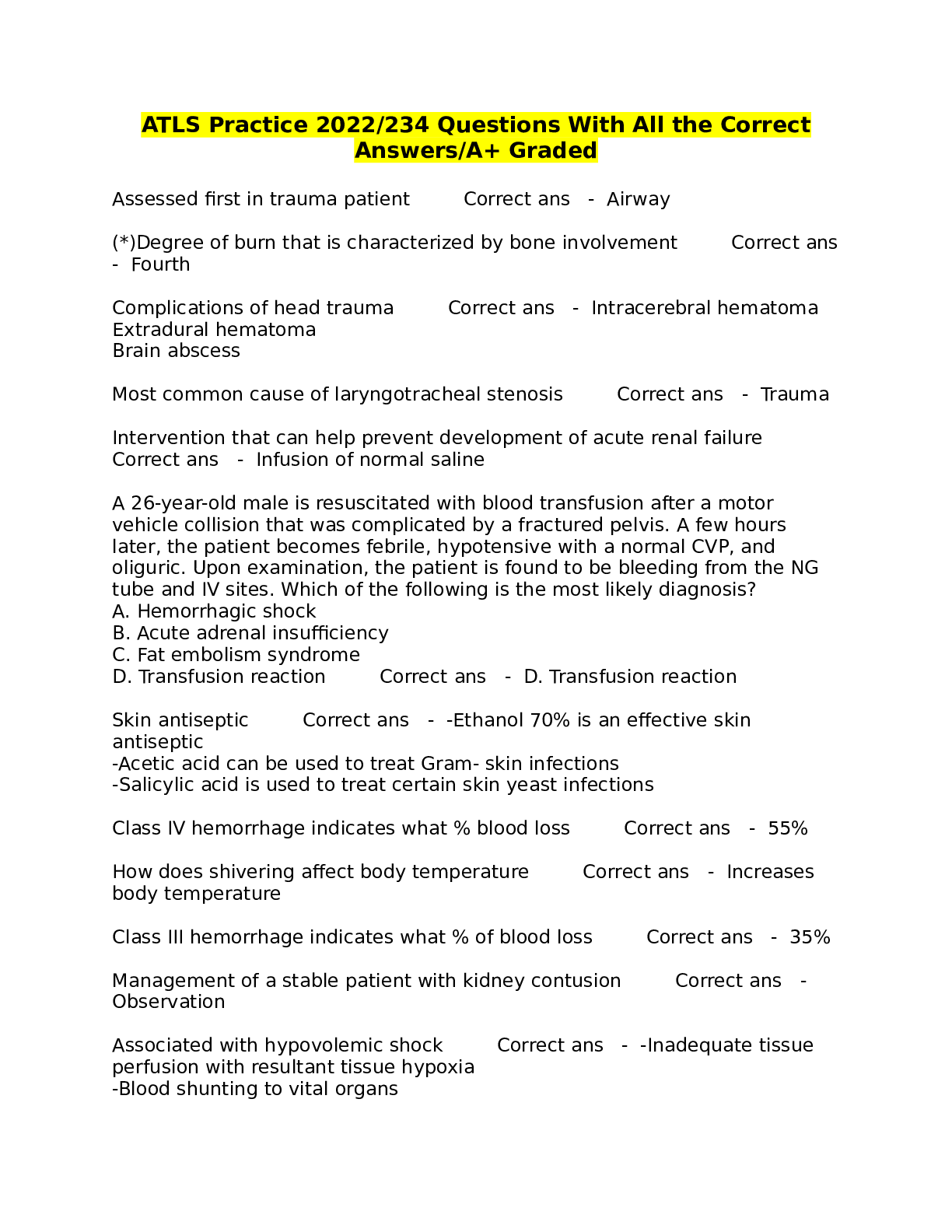 Preview image for ATLS practice 2022 Questions With All the Correct Answers